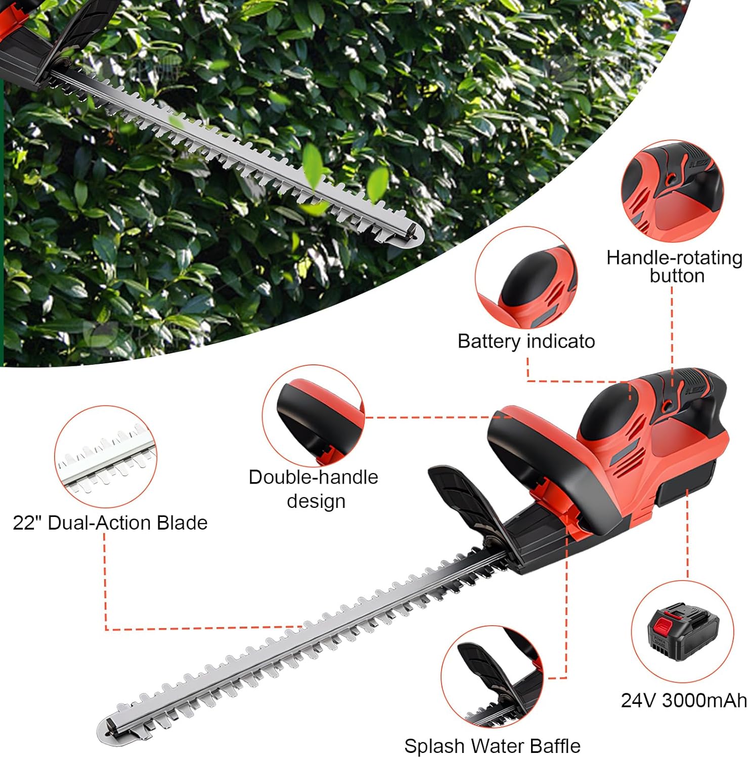 ALSO GO 22 Cordless Hedge Trimmer, 24V Heavy-Duty Electric Shrub Trimmer with Double-Action Blade, 2-Pack 3.0Ah Batteries & Fast Charger, Lightweight Bush Cutter for Garden Lawn Yard Pruning